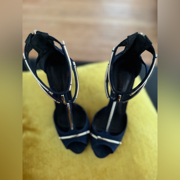 Schutz Sandalia Salto Alto Nobuck Sailfish heels navy/gold size 8 with box - Picture 13 of 16